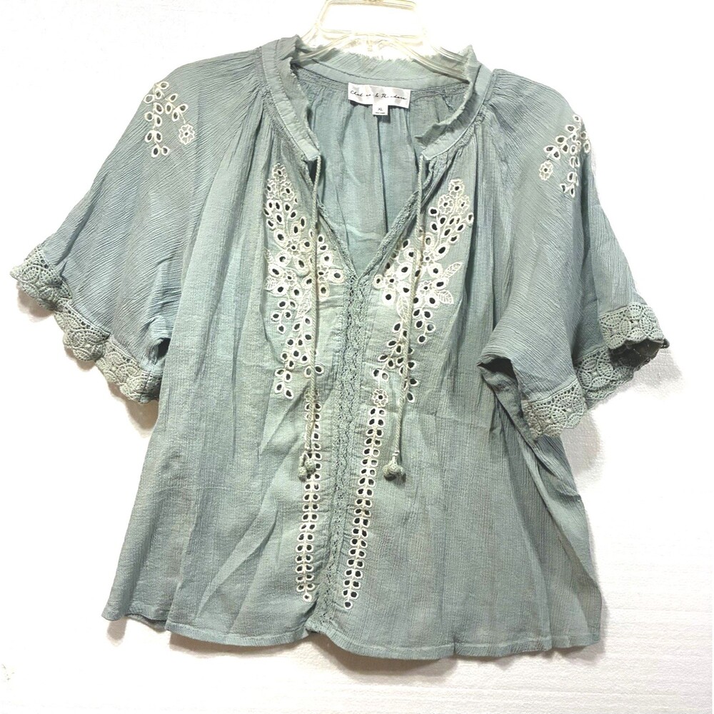 Chelsea & Theodore Cotton Gauze Blouse Womens XL Green Embroidered Boho Top